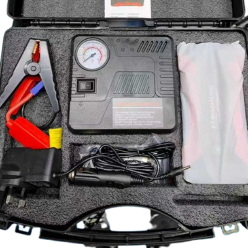 Car Jump Starter and Power Bank Kit With an Integrated Air Compressor